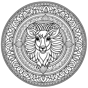 Faszinierendes Mandala mit majestätischem Ziegenhorn und geometrischen Mustern Ausmalvorlage für kreative Träumer und kunstbegeisterte Entdecker