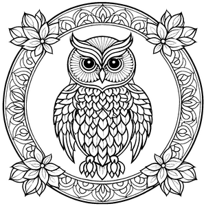 Faszinierendes Eulen-Mandala mit floralen Elementen Ausmalvorlage für neugierige Farbentdecker und kreative Eulenfans