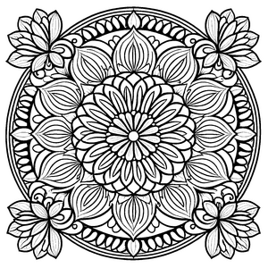 Elegantes Mandala mit blühenden Blumen und harmonischen Blättern Ausmalmotiv für kreative Träumer und kleine Formgestalter