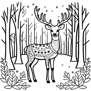 Stilvoller Hirsch im festlichen Weihnachtspullover unter schneebedeckten Bäumen Ausmalvorlage für kreative Winterzauberer