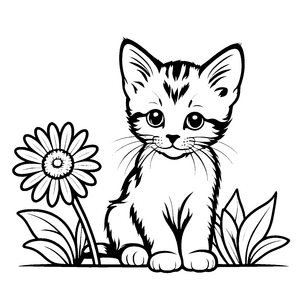 Süßes Kätzchen neben einer blühenden Blume Ausmalvorlage für fantasievolle Tierfreunde