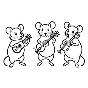Drei musikalische Mäuse mit Gitarren Ausmalmotiv für kreative Musikfreunde
