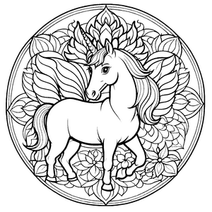 Magisches Mandala mit einem majestätischen Einhorn Ausmalmotiv für fantasievolle Farbenzauberer und kleine Traumbeschreiter
