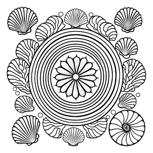Faszinierendes Mandala mit verschiedenen Muscheln und geschwungenen Formen Ausmalbild für neugierige Künstler und kleine Träumer