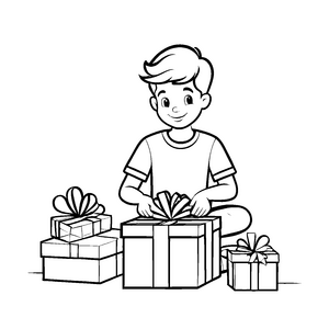 Strahlender Junge packt fröhlich Geschenke aus Malvorlage für neugierige kleine Entdecker