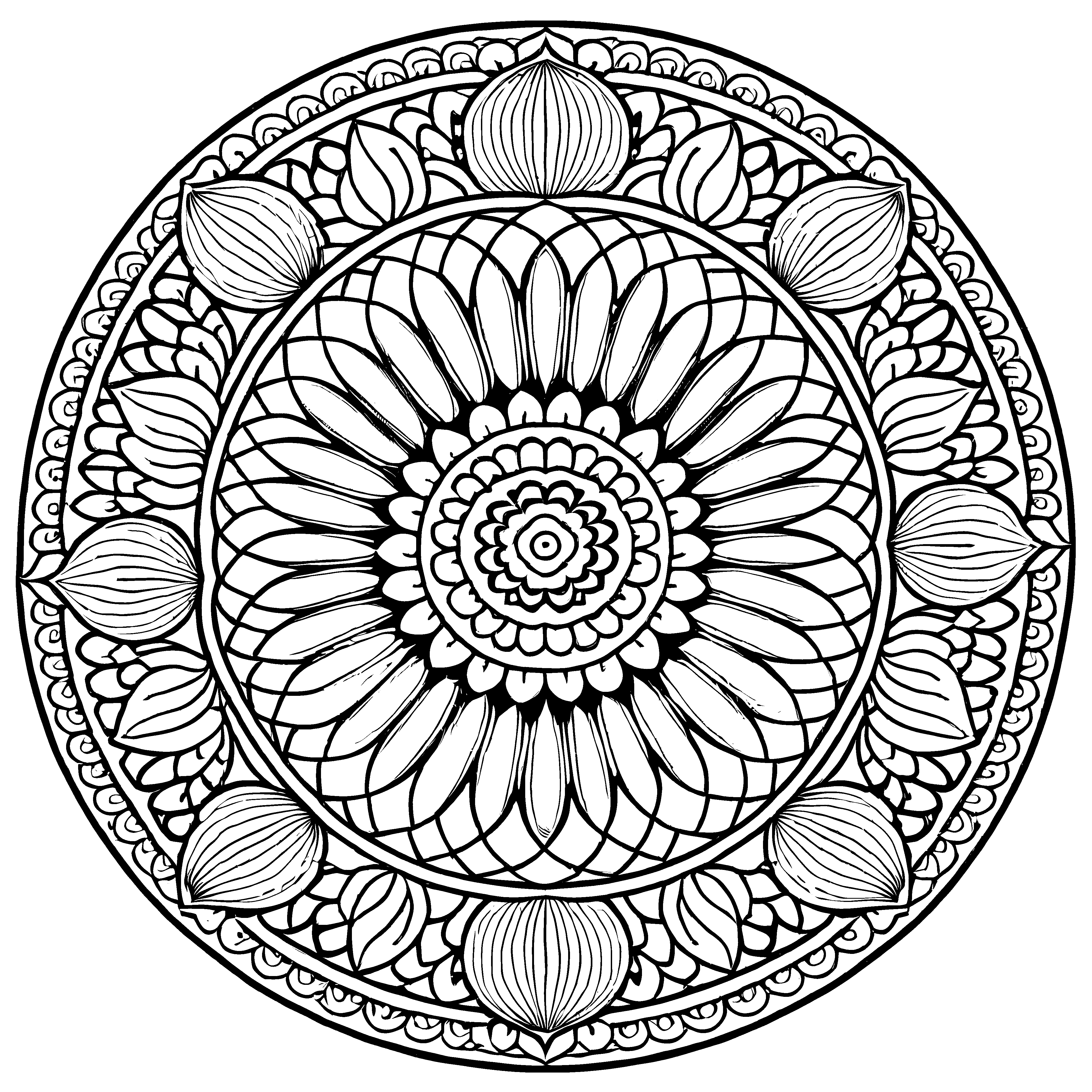 Faszinierendes Mandala mit großem Blumenmuster Ausmalvorlage für neugierige Farbkünstler und kleine Entdecker