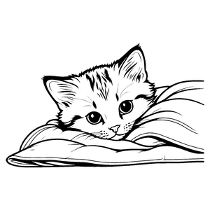 Neugierige Katze mit großen Augen auf weichem Tuch Ausmalvorlage für fantasievolle Nachtschwärmer