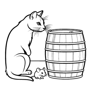 Schlaue Katze neben einem Holzfass mit Mäuschen Ausmalvorlage für aufgeweckte Tierliebhaber