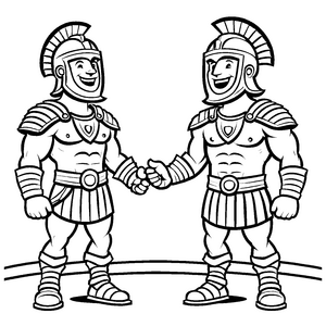 Frohe Gladiatoren beim freundlichen High Five Ausmalvorlage für begeisterte Entdecker und kleine Krieger