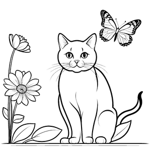 Bezaubernde schwarz-weiße Katze neben hübscher Blüte Malvorlage für kreative Entdecker