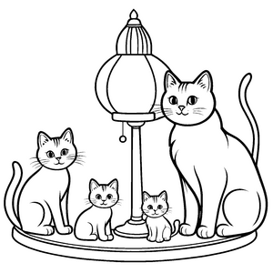 Drei neugierige Katzen um einen Laternenpfahl Ausmalmotiv für kleine Entdecker mit Pfotenliebe