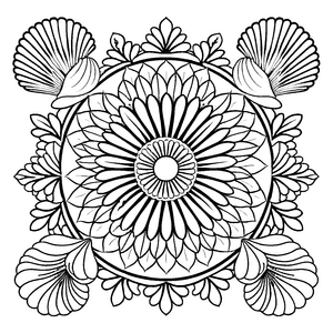 Intrigierendes Mandala mit Muscheln und weißen Blumen Ausmalbild für fantasievolle Künstler und kleine Naturfreunde