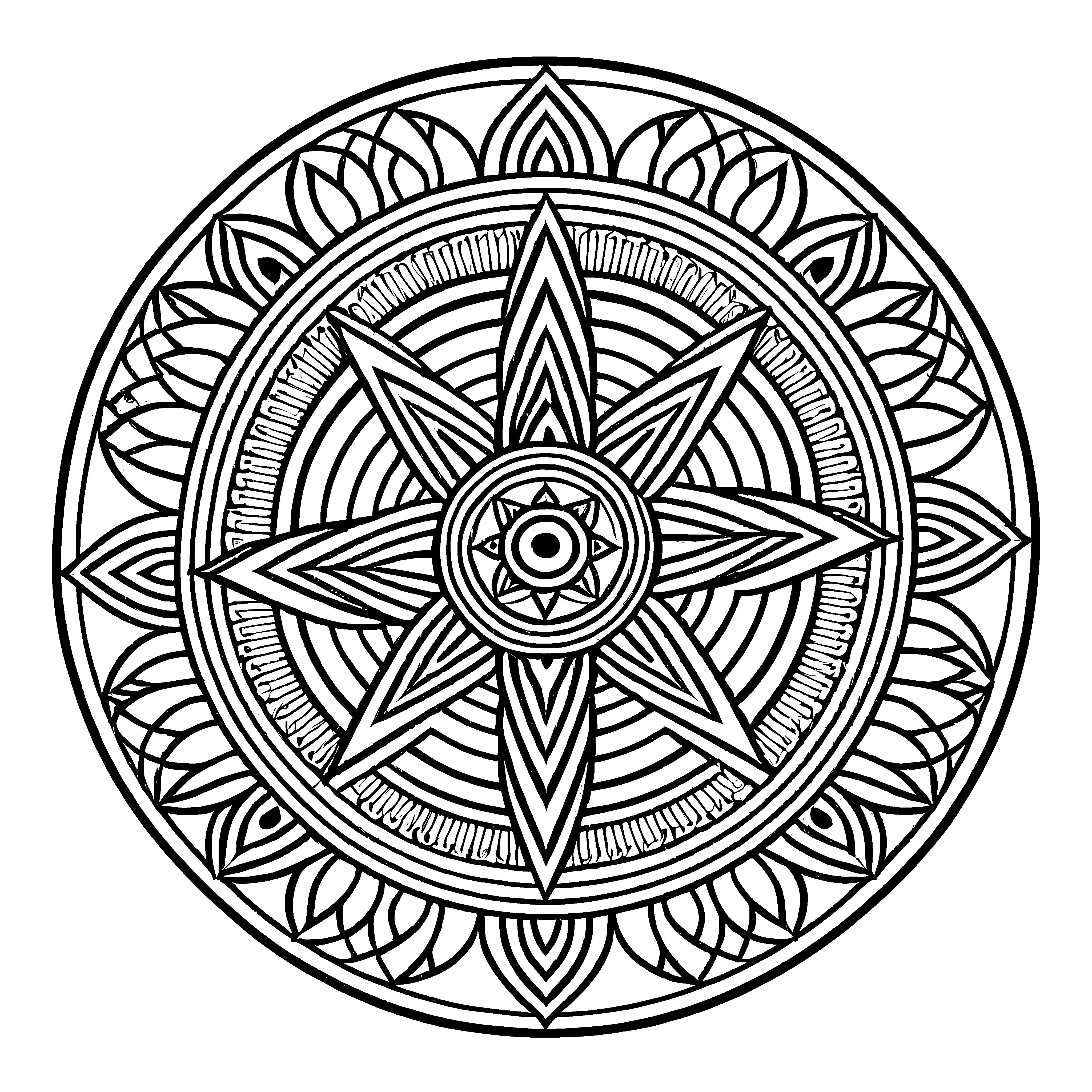 Intrikates Mandala mit geometrischen Motiven und künstlerischen Details Ausmalvorlage für fantasievolle Entdecker und kreative Künstler