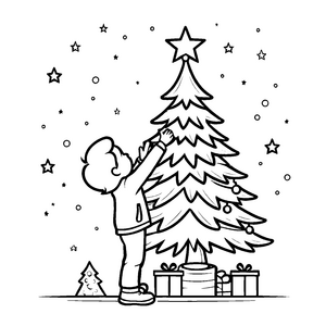Strahlender Weihnachtsbaum mit Geschenken und begeistertem Jungen Ausmalbild für kleine Weihnachtszauberer