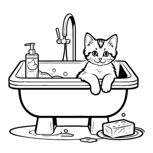 Bezaubernde Katze im schaumigen Badewanne Ausmalmotiv für kleine Tierfreunde
