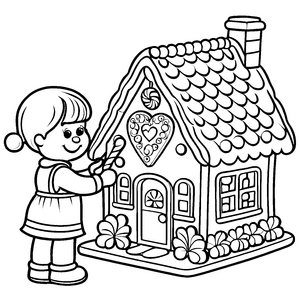 Begeistertes Mädchen dekoriert das zauberhafte Haus Malvorlage für fantasievolle Weihnachtskünstler