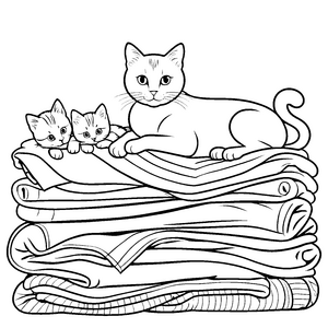 Herzliche Katzenmama mit ihren zwei wolligen Kätzchen Ausmalbild für kleine Herzensbrecher mit Pfotenliebe