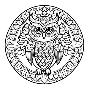 Magisches Mandala mit weiser Eule und zarten Mustern Ausmalbild für kleine Traumfänger und fantasievolle Künstler