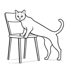 Schwarz-weiße Katze liebkost gemütlichen Stuhl Ausmalmotiv für kleine Kunstschaffende und neugierige Katzenfreunde