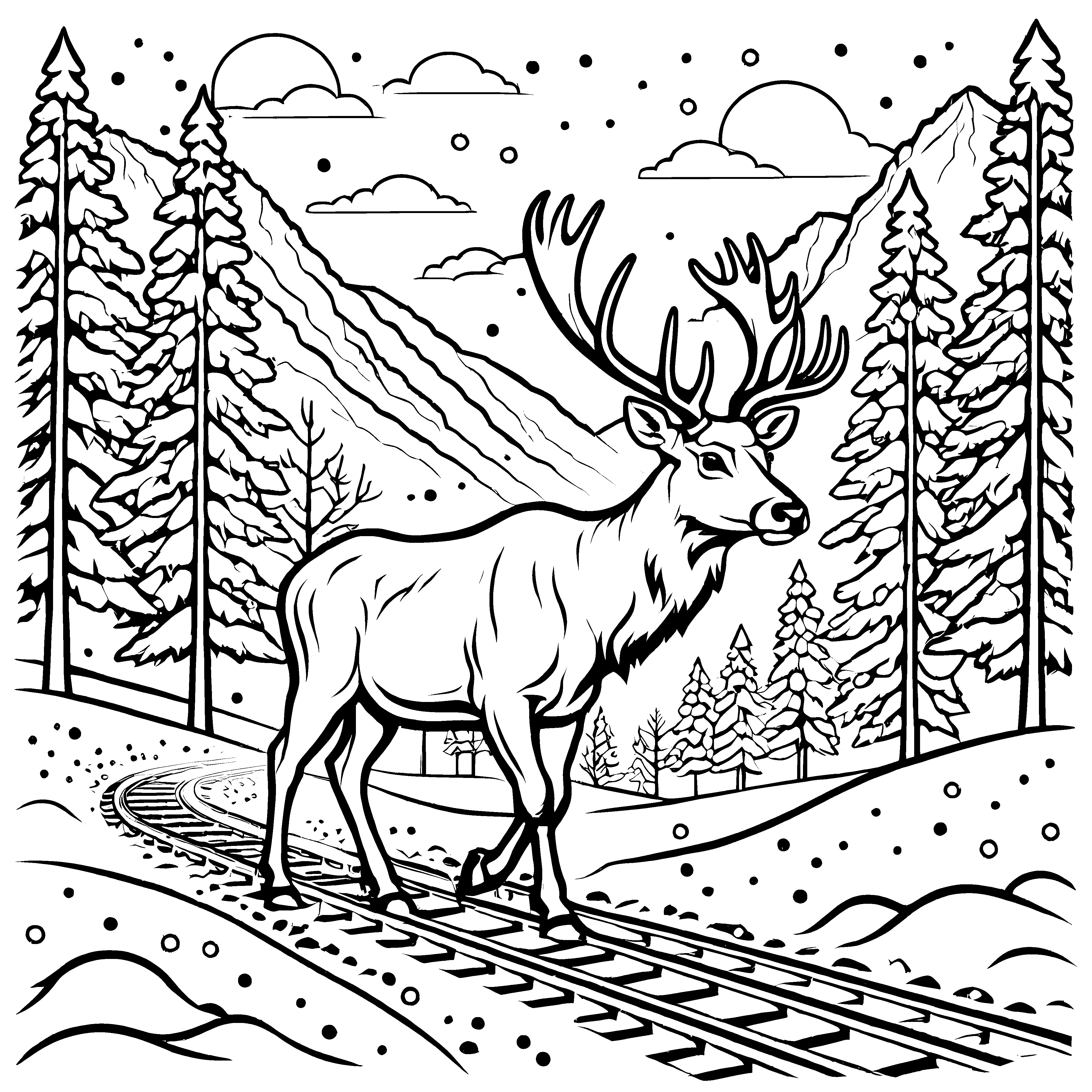 Imposanter Riesenhirsch auf verschneiten Gleisen Ausmalbild für fantasievolle Naturerkunder