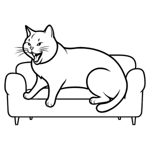Süße gähnende Katze auf gemütlicher Couch Ausmalvorlage für neugierige Tierentdecker