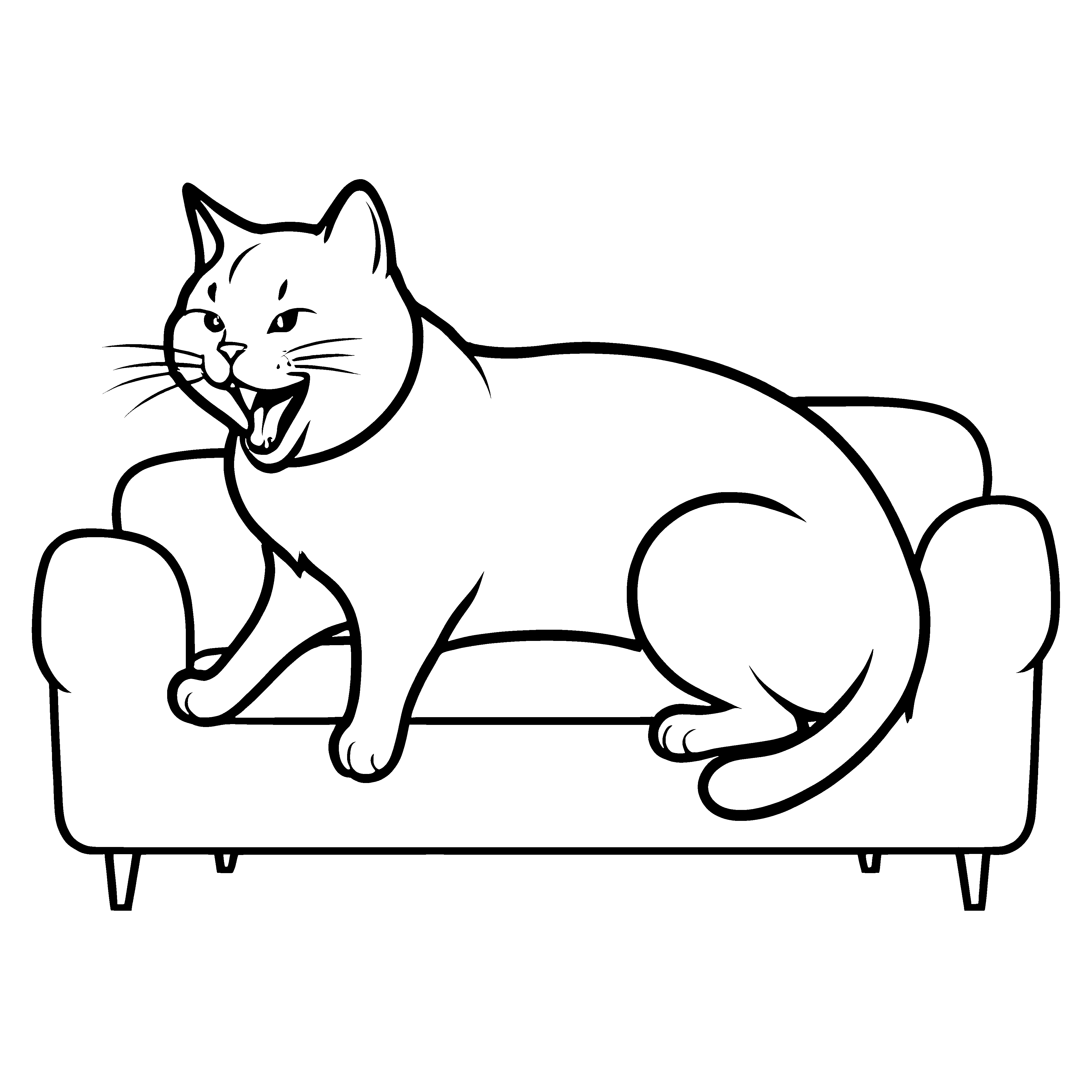 Süße gähnende Katze auf gemütlicher Couch Ausmalvorlage für neugierige Tierentdecker