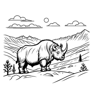 Majestätisches Wollnashorn in felsiger Berglandschaft Ausmalmotiv für neugierige Kunstliebhaber
