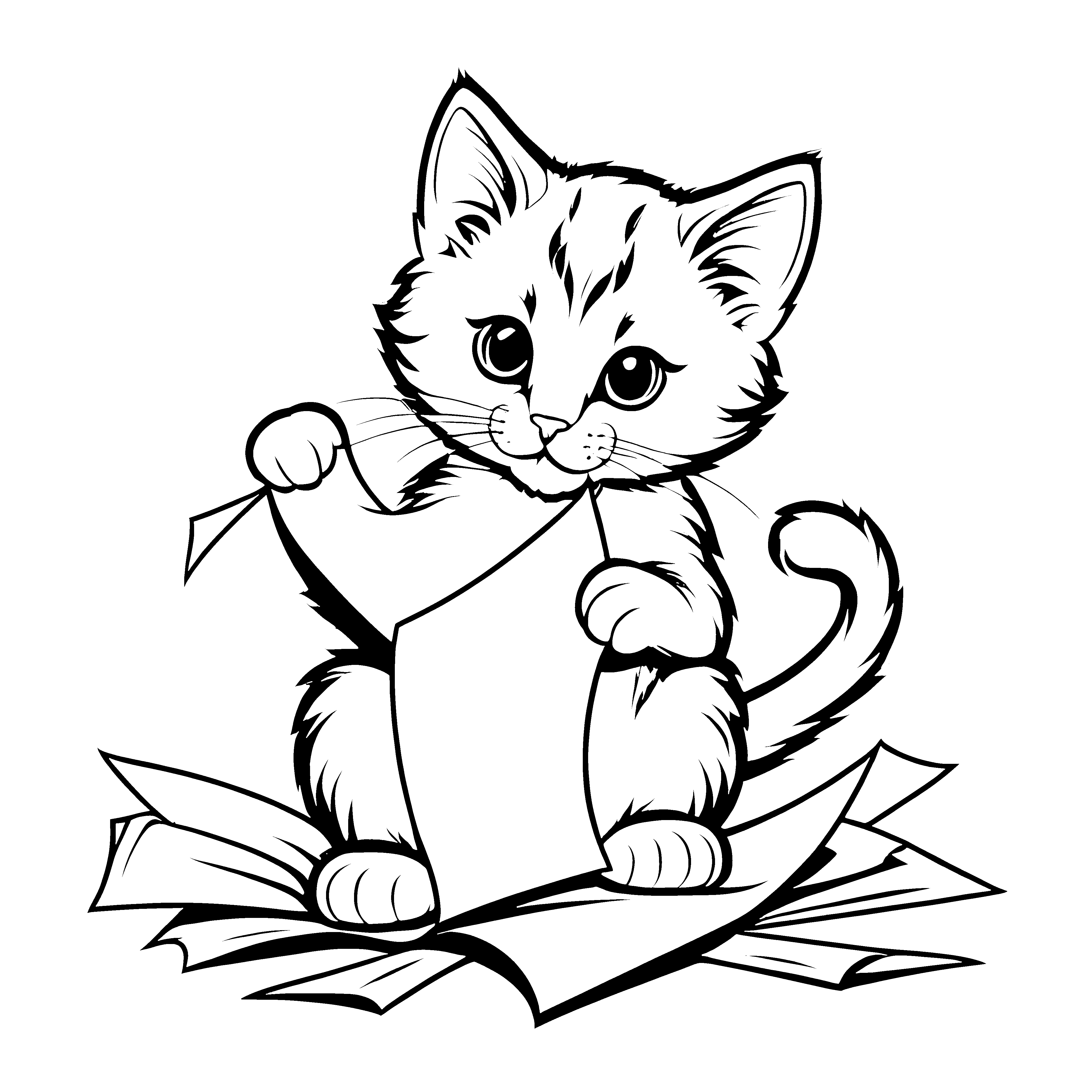 Freche Katze mit Papier und Briefumschlag Ausmalbild für pfiffige Tierfreunde voller Entdeckergeist