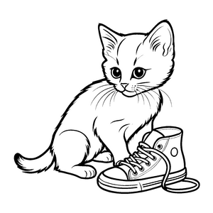 Neugieriges Kätzchen erkundet alten Sneaker Ausmalvorlage für kleine Entdeckerboten