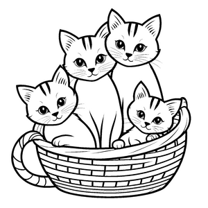 Süße Katzenmama mit drei kleinen Kätzchen Ausmalmotiv für junge Tierfreunde