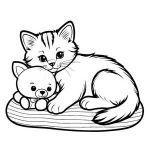 Kuschelige Katze mit Teddybär Malvorlage für liebevolle kleine Tierfreunde