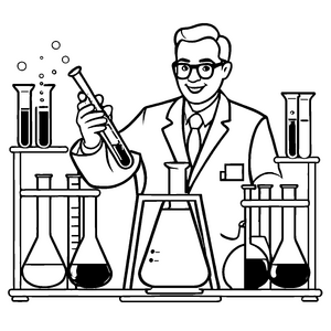 Chemiker mit Prüfer für spannende Experimente Ausmalbild für kleine Forscher