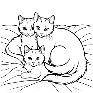 Drei bezaubernde Schmusekatzen auf weichem Bett Malvorlage für kleine Katzenliebhaber und träumerische Künstler