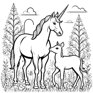 Harmonisches Einhorn mit kleinerem Reh in idyllischer Landschaft Ausmalvorlage für neugierige Naturabenteurer