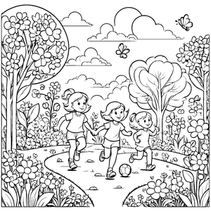 Drei fröhliche Mädchen mit Soccerball im Frühlingsgarten Ausmalmotiv für abenteuerlustige Spielkinder