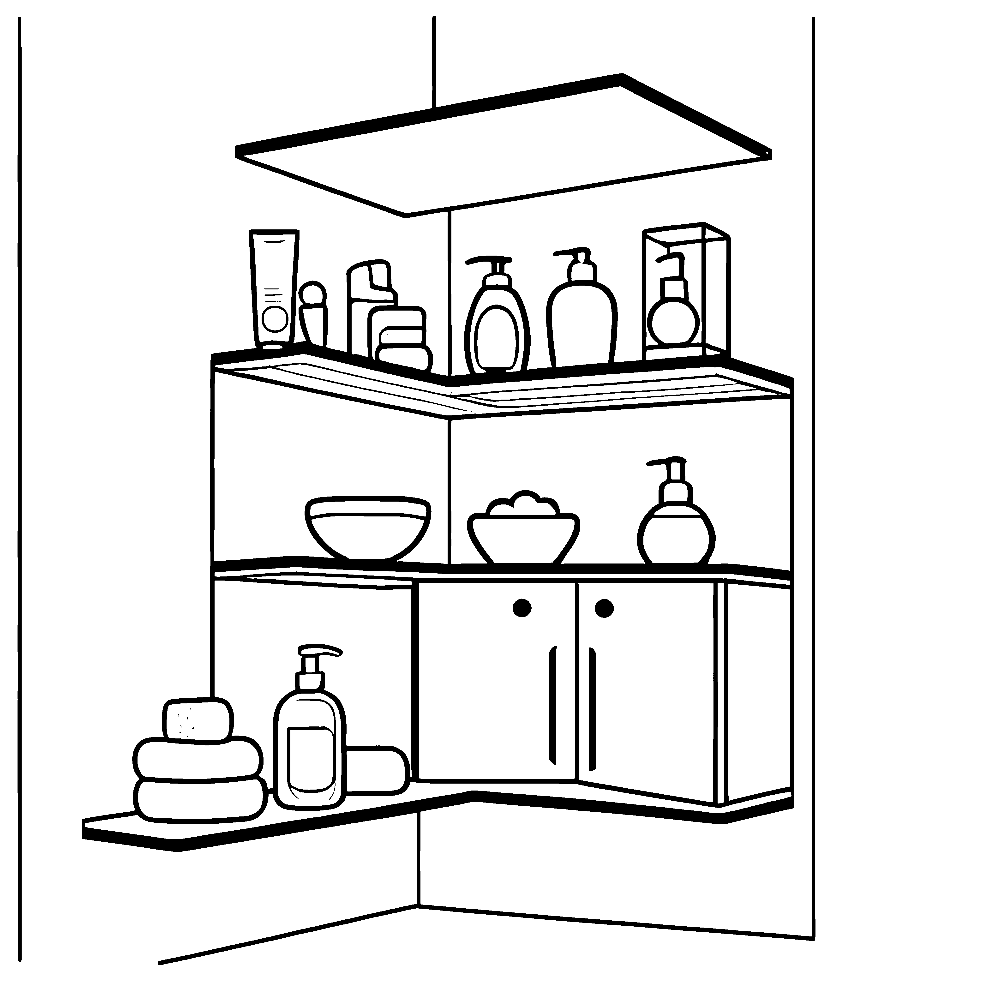 Faszinierender Badezimmerschrank mit bunten Seifen und Flaschen Ausmalbild für kleine Ordnungsliebehaber mit großen Ideen