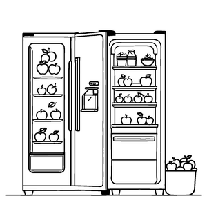 Frischer Kühlschrank mit buntem Obst und Gemüse Ausmalvorlage für kleine Genusskünstler