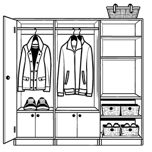 Bezaubernder Kleiderschrank mit stilvollen Jacken und Schuhen Ausmalbild für kreative Entdecker