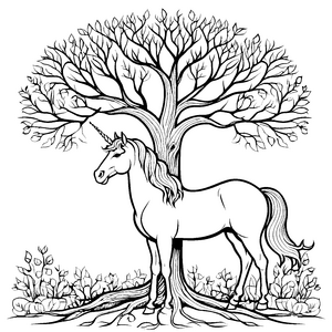 Majestätisches Einhorn unter schattenspendendem Baum Ausmalbild für neugierige Traumfänger