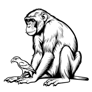 Bonobo mit kleiner Vogelfreundschaft auf Baum Ausmalmotiv für neugierige Tierentdecker