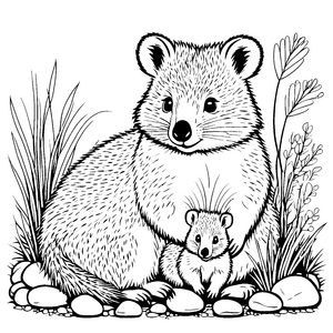 Liebenswerte Quokka Mutter mit ihrem Baby auf Felsen Ausmalmotiv für neugierige Tierliebhaber