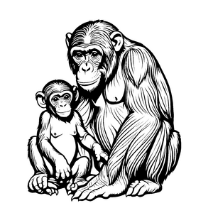 Großer Bonobo hält kleinen Freund am Handgelenk Ausmalmotiv für kleine Lebensfreunde