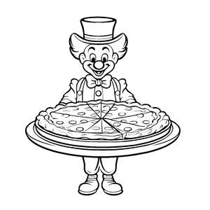 Clown mit großer Pizza auf dem Tablett Ausmalvorlage für kleine Feinschmecker