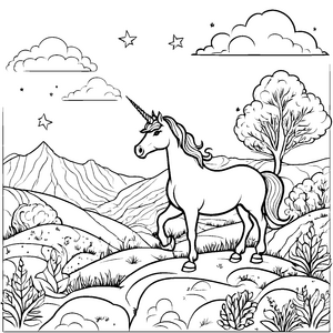Faszinierendes Einhorn in der sternenübersäten Wiese Malvorlage für neugierige Fantasiewelten