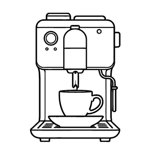 Kaffeemaschine mit Kaffeetasse und Löffel Ausmalbild für kreative Köpfe