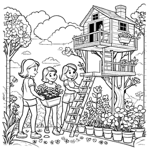 Fröhliche Schwestern pflanzen Blumen am Baumhaus Ausmalvorlage für kleine Gartenliebhaber