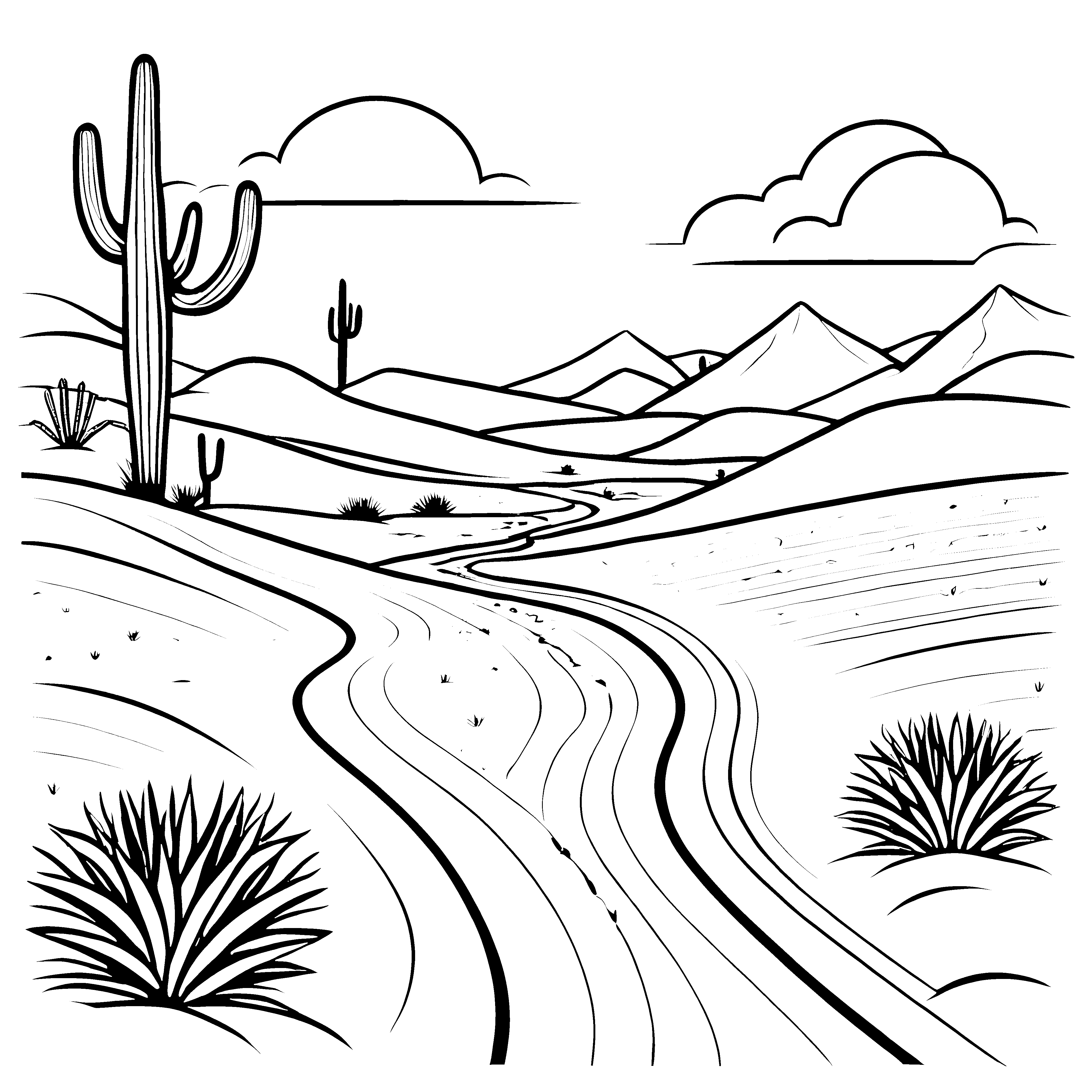 Cactus neben der Straße in der Wüstenlandschaft Ausmalbild für neugierige Entdecker