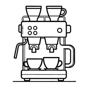 Leidenschaftliche Kaffeemaschine mit duftenden Kaffeetassen Malvorlage für kleine Genussforscher