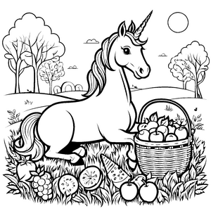 Fantasievolles Einhorn neben einem Obstkorb Ausmalbild für neugierige Zauberlehrlinge