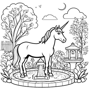 Mystisches Einhorn neben funkelndem Brunnen Ausmalmotiv für zauberhafte Künstlerträume